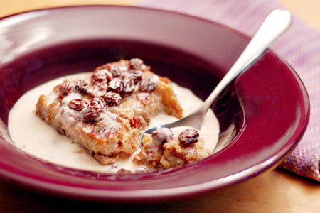 Praline Bacon Bread Pudding with Rum Raisin Crème Anglaise