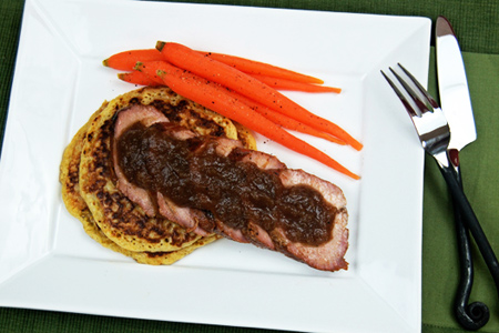 Fire-Roasted Pork Tenderloin with Corn Cakes & Apple-Rum Compote