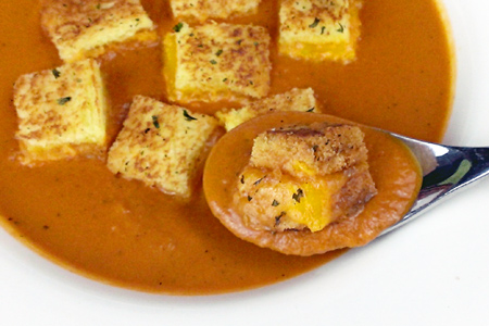 Spicy Tomato-Basil Soup with Grilled Cheese Croutons (via patiodaddiobbq.com)