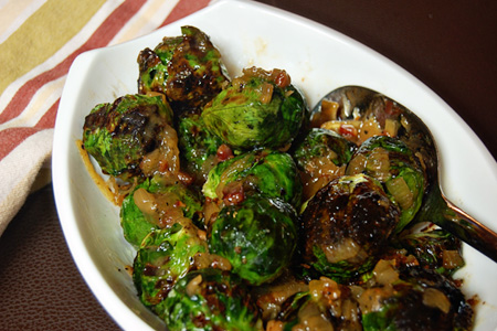 Grilled Brussels Sprouts with Onion-Bacon Marmalade