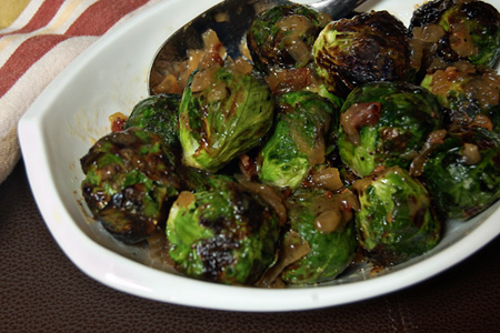 Grilled Brussels Sprouts with Onion-Bacon Marmalade